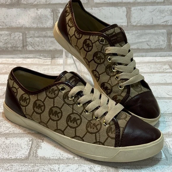 Michael Kors Brown Canvas Logo City Sneakers Leather Cap Toe Women Shoe Sz. 8.5 - Picture 1 of 7